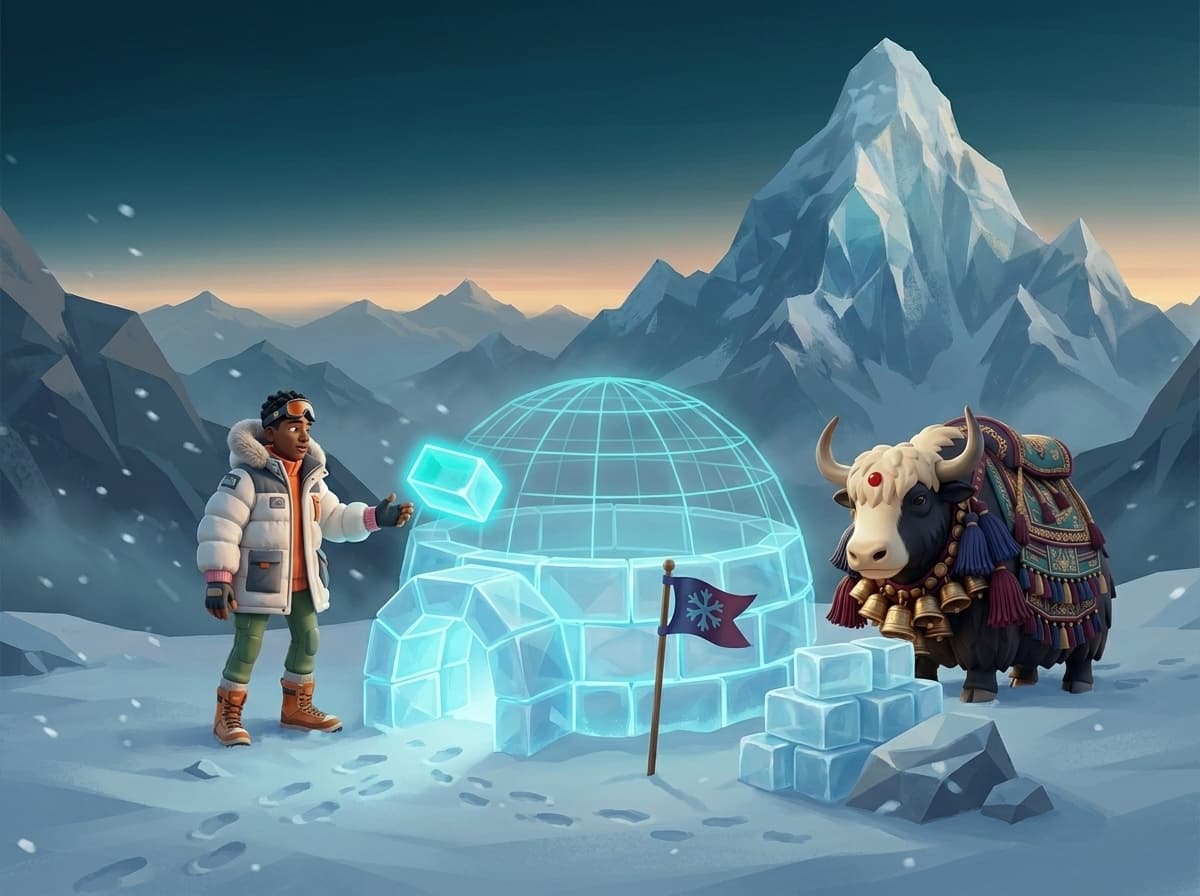 Frost placing a glowing ice block on a half-built igloo at Basecamp while Jack the Yak watches