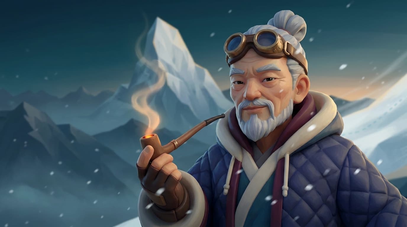 Satori, the AI sherpa, smoking a glowing pipe as snow drifts past at dusk
