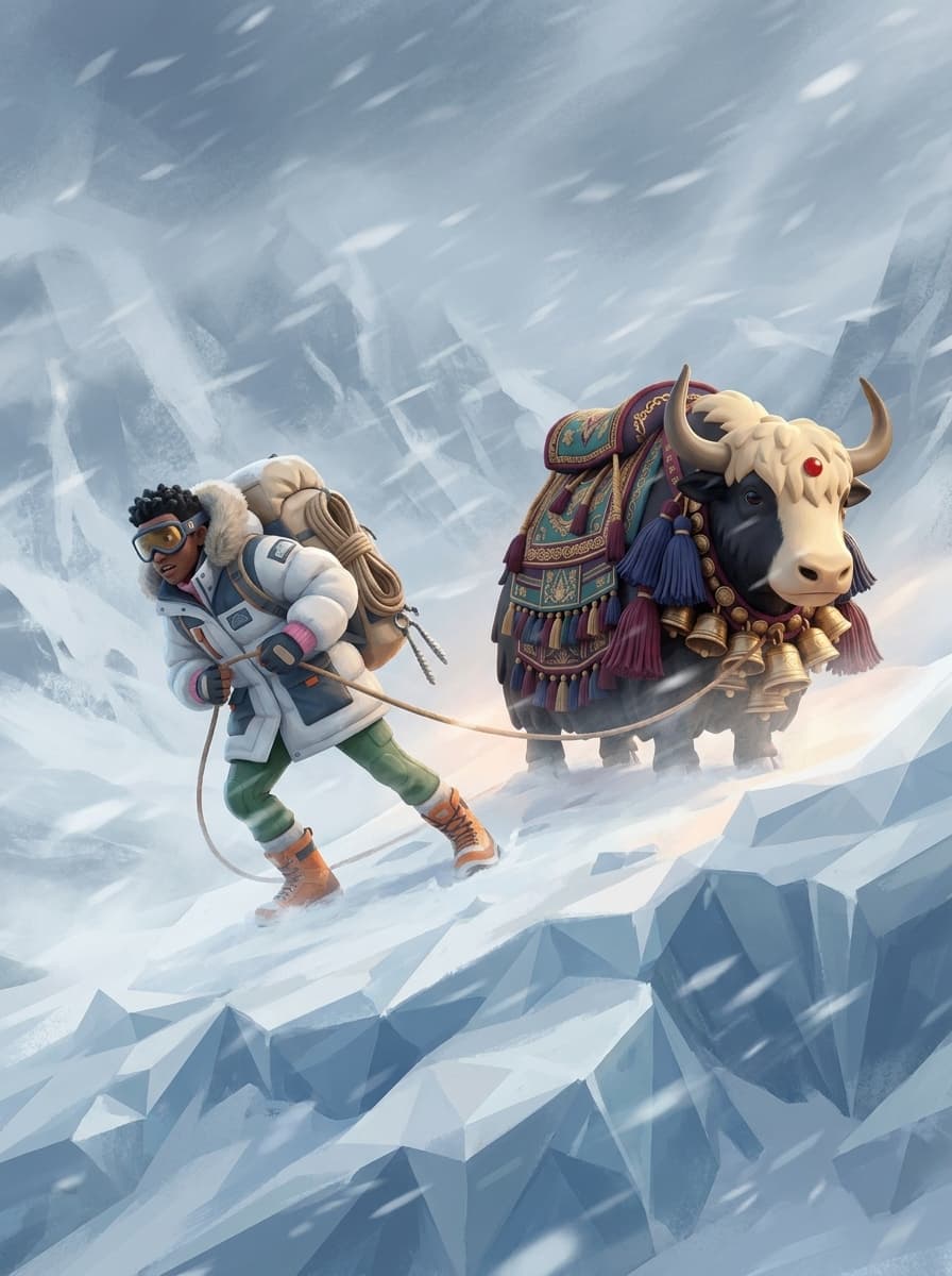 The Climber, roped to Jack the Yak, leans into a whiteout blizzard in the Death Zone near the summit