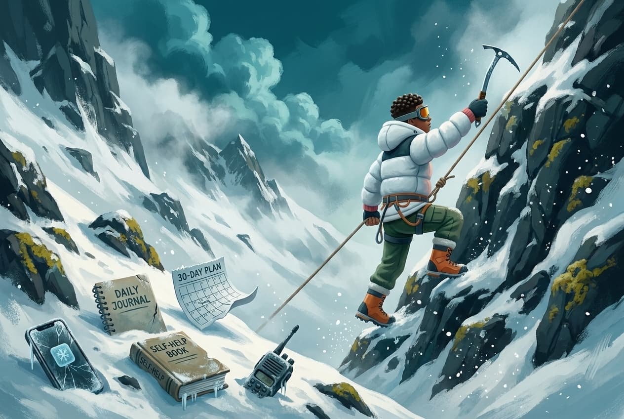 The climber ascends a steep face past abandoned blockers, journals, and 30-day plans frozen in the snow